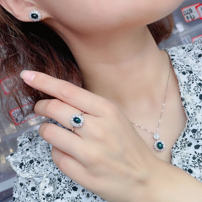 Colorful Black Opal Set Ring Pendant Earrings Gemstone Silver Inlaid Light Luxur
