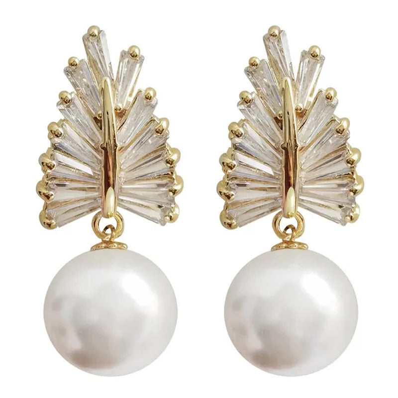 Trendy 18K Gold Pearl Pendant White Sapphire Leaf Crystal Drop Earrings for Wome