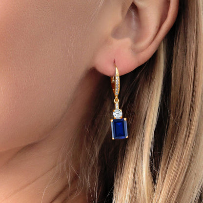5.40 Ct Octagon Blue Created Sapphire 18K Yellow Gold Plated Silver Dangle Earri