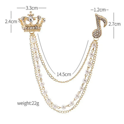 High-End Diamond-Encrusted Crown Note Pearl Tassel Brooch British Suit Pin Colla