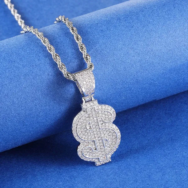 Full Diamonds Heart Shape / US Dollar Symbol Pendant with 24" Rope Chain Necklac