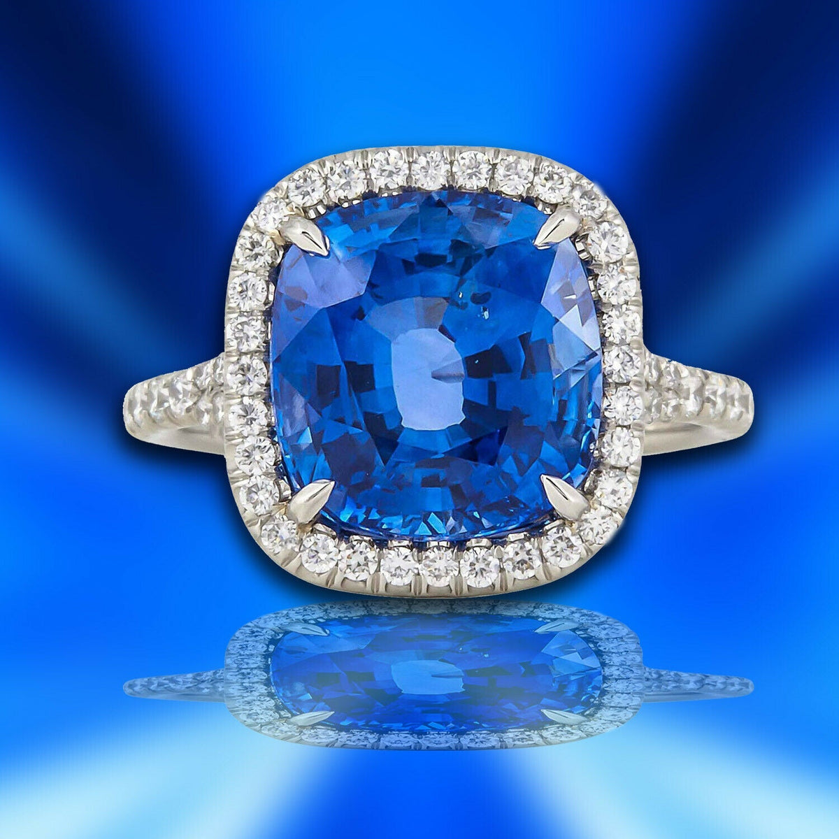 agl certified 6.58 ct sapphire cushion shape ceylon halo .52 ct round diamond