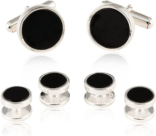Mens Sterling Silver Black Onyx Cufflinks and Studs Formal Set with Presentation