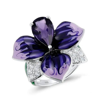 New Fashion Butterfly Flower Ring Jewelry Women 9Natural Gemstone Amethyst Ring
