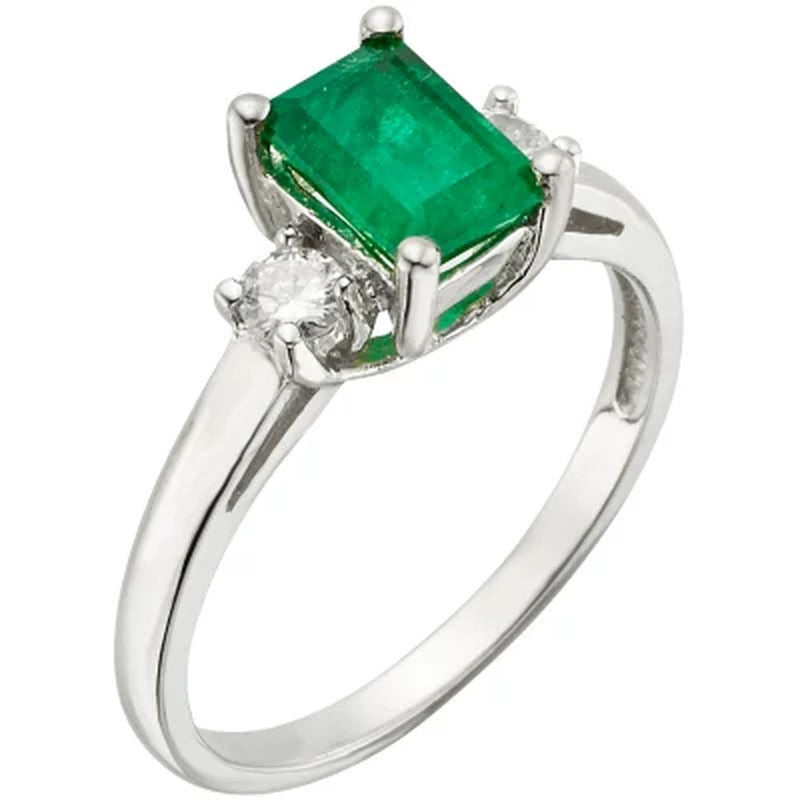 Three Stone Octagonal Emerald Ring with .20CT. T.W. Diamond Set in 14K Gold