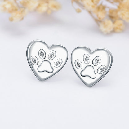 Paw Earrings Stud with Diamonds in White Gold Plated Sterling Silver