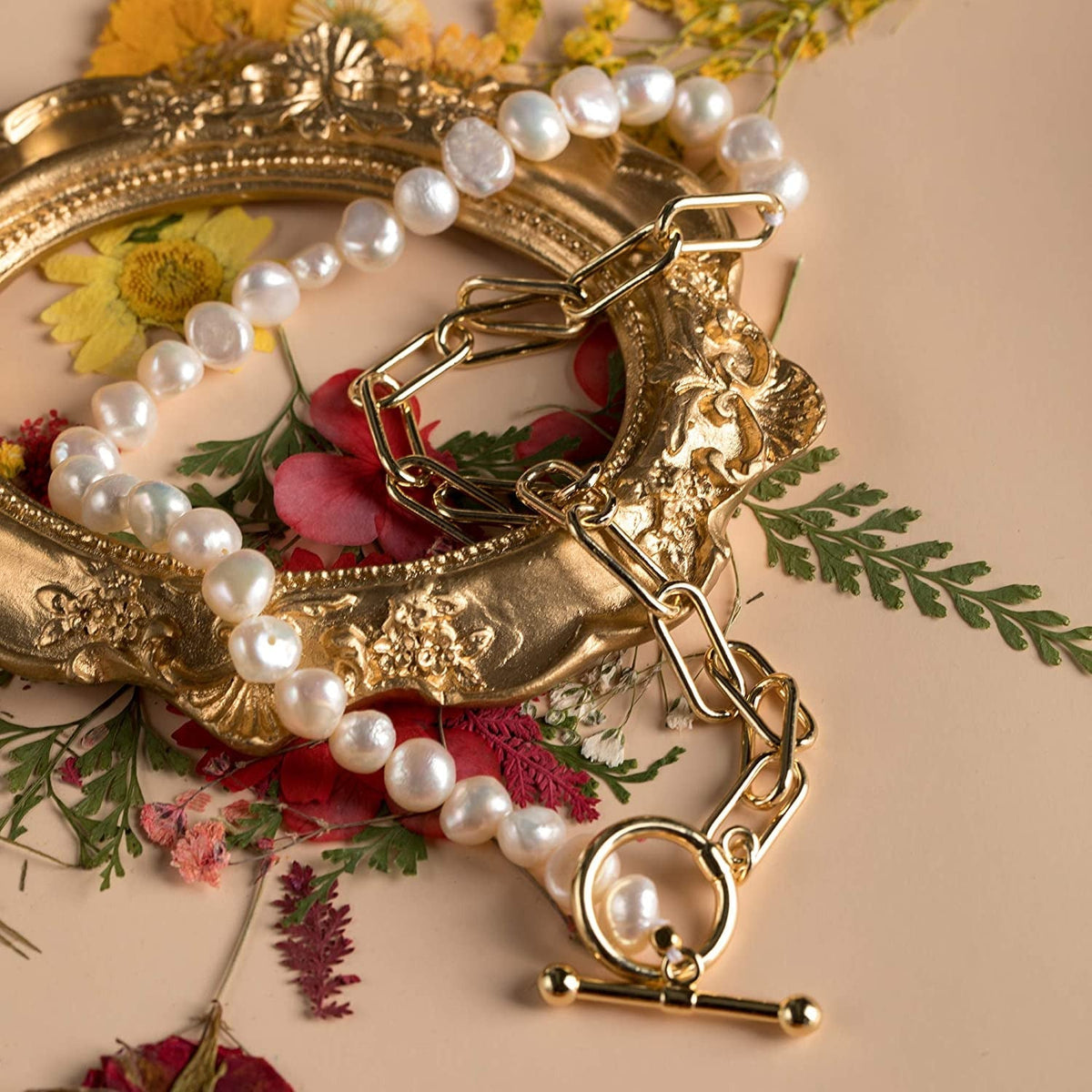 Paper Clip Pearl Necklace Vintage Chunky Link Chain Baroque Cultured Pearls 18K