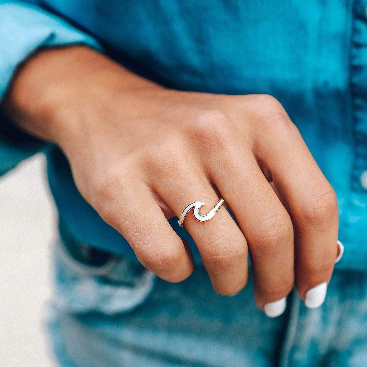 Silver or Gold Enamel Wave Ring - Brass Base Band - Rhodium Plating, Sizes 5-9