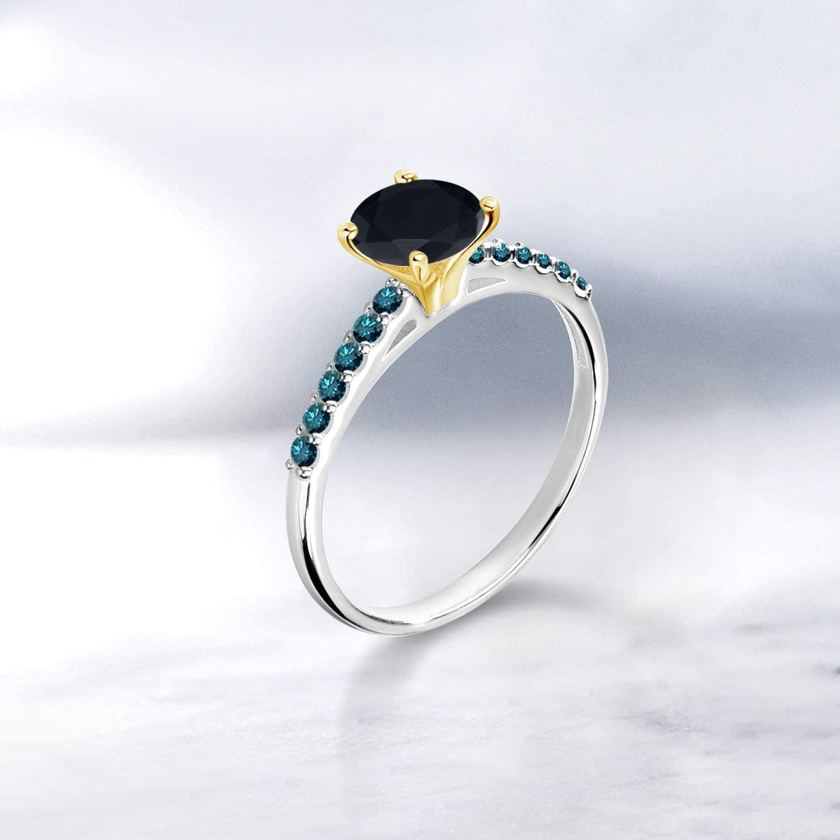 1.00 Ct 6Mm round Black Onyx Blue Diamond 925 Silver Ring with 10K Yellow Gold P