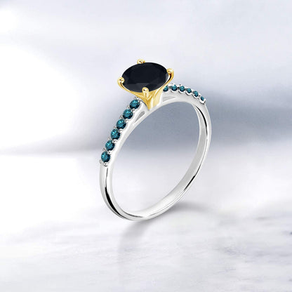 1.00 Ct 6Mm round Black Onyx Blue Diamond 925 Silver Ring with 10K Yellow Gold P