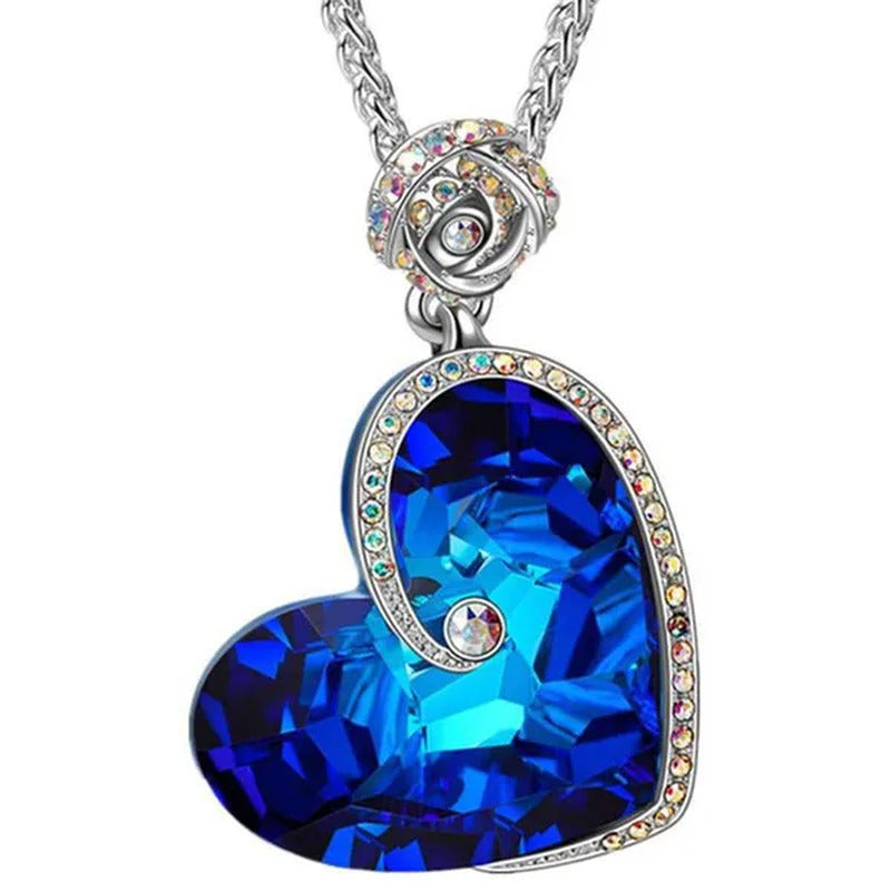 Fashion Heart Blue Crystal Necklace Double Layer Rose Zircon Pendant Engagement