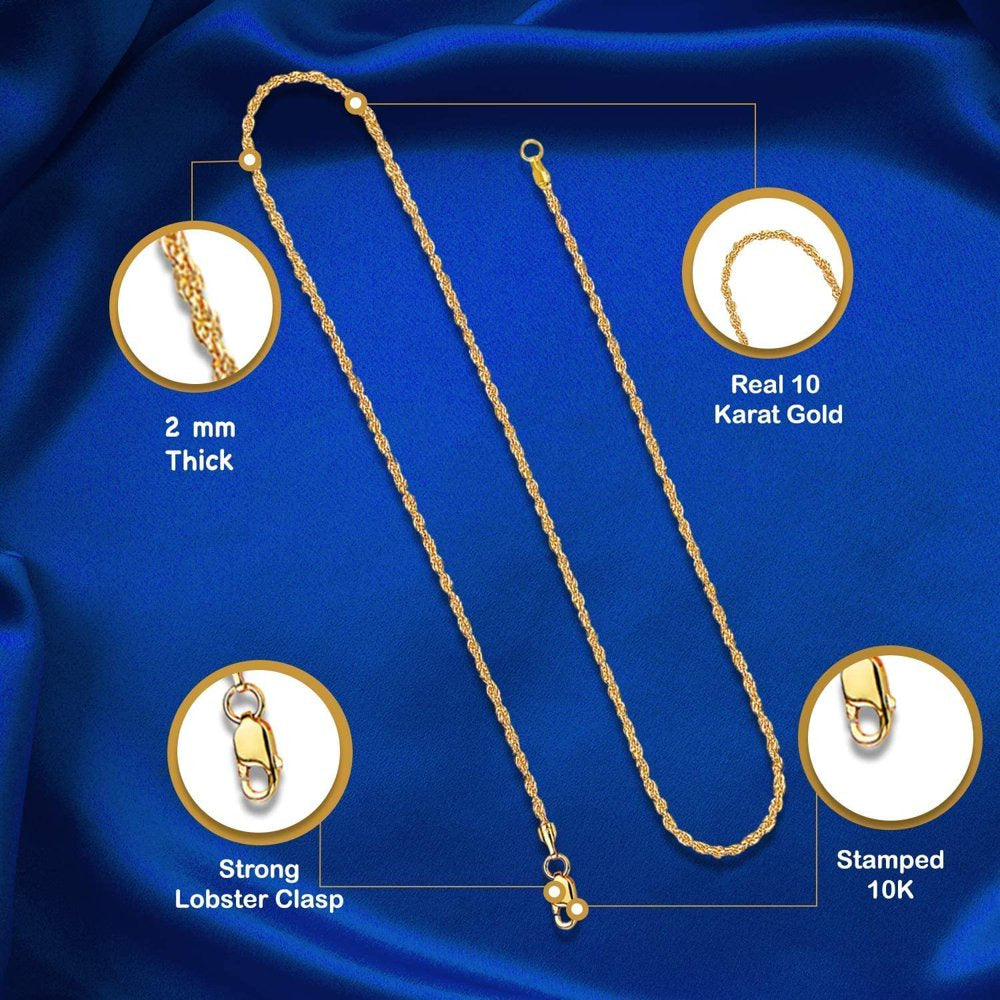 10K Gold Rope Chain Necklace, 10K Yellow Gold Diamond Cut Braided Twist 1.5MM 2M