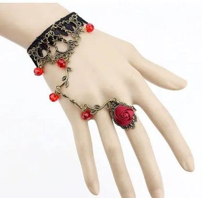 Victorian Style Black Lace Floral Rose Flower Link Chain Slave Bracelet Ring Set