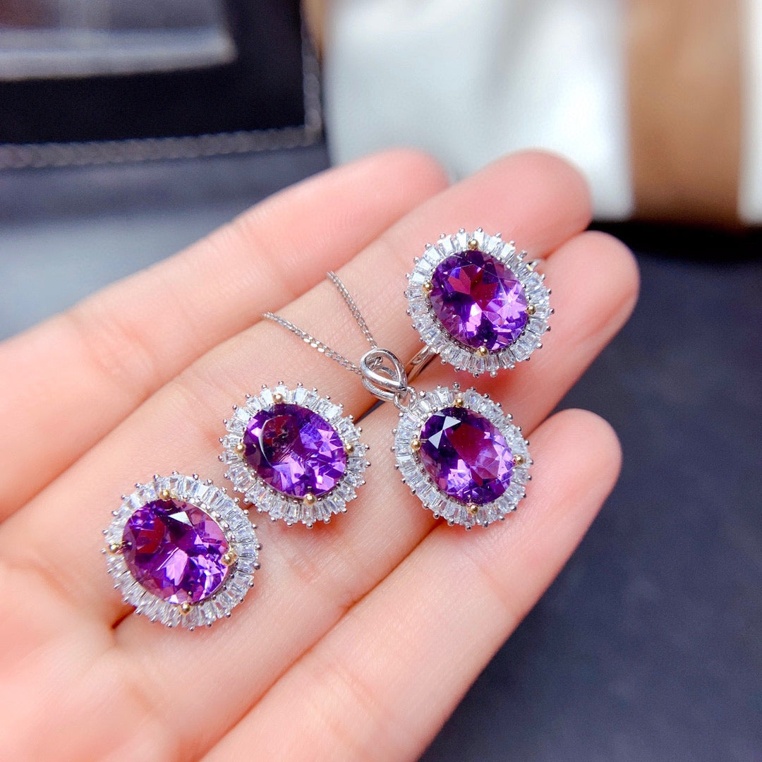 Natural Amethyst Ring Pendant Earring Set