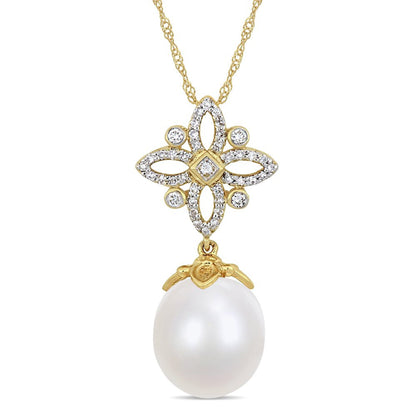 11-12MM South Sea Cultured Pearl and 1/4 Carat T.W. Diamond 14K Yellow Gold Flor