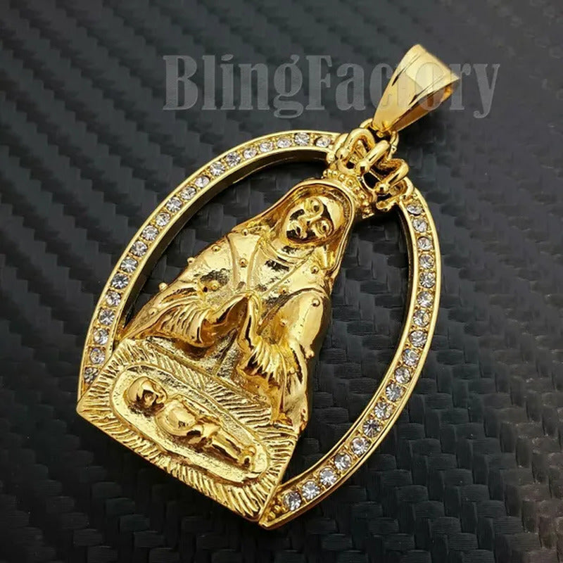 Stainless Steel Iced Lab Diamond Gold Plated Mother Mary Pendant