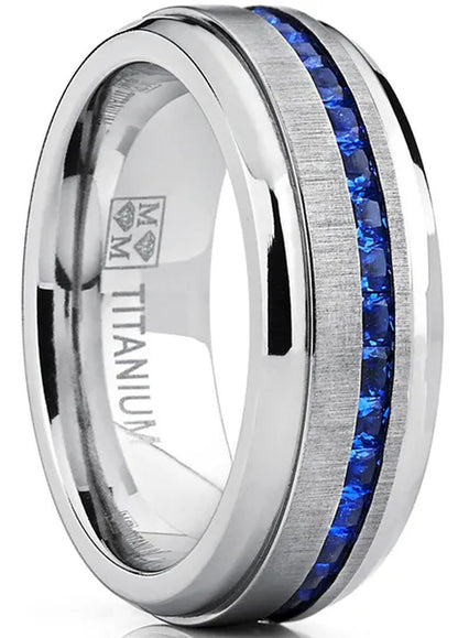 Men'S Eternity Titanium Wedding Band Engagement Ring W/ Blue Simulated Sapphire