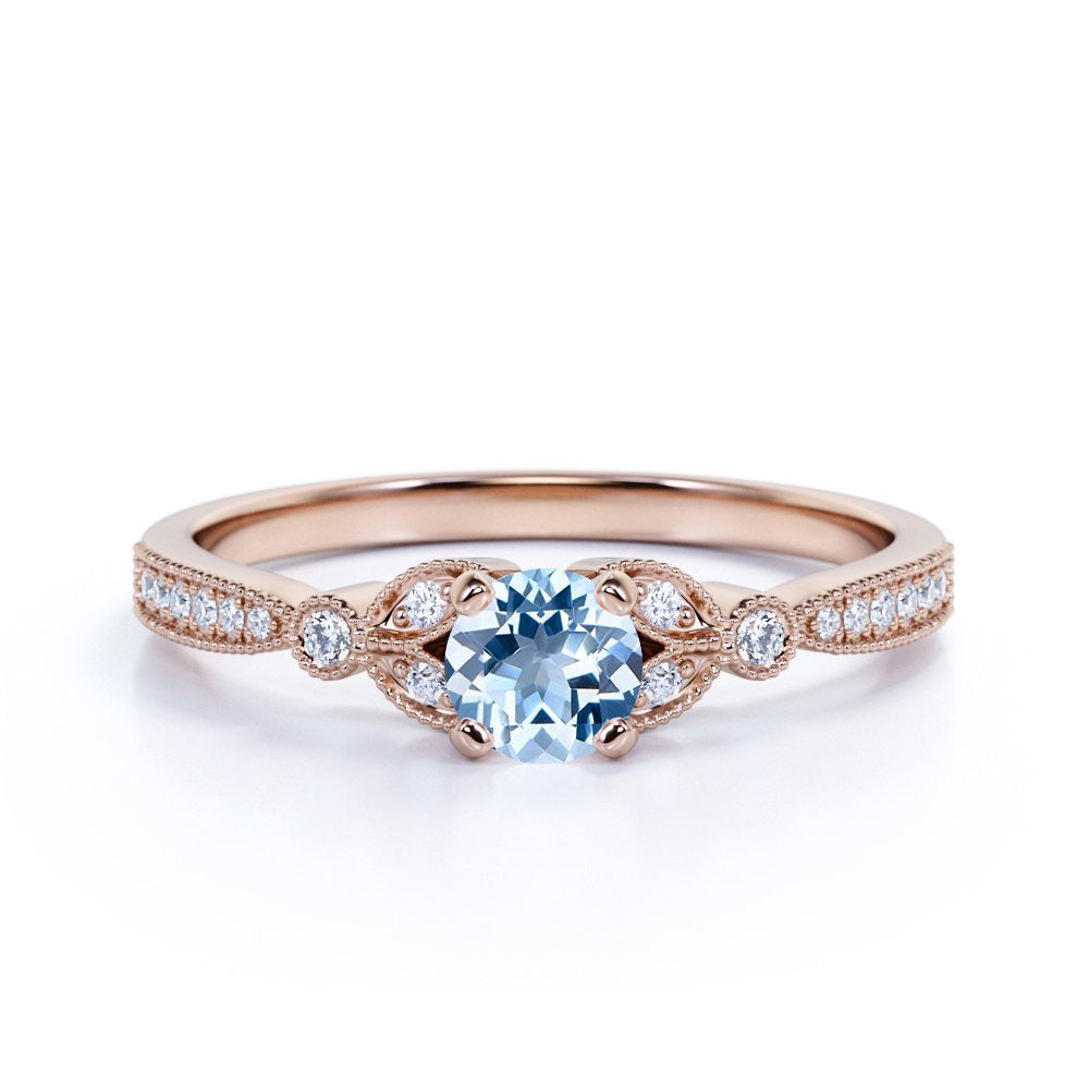 1.25 Ct - round Genuine Aquamarine Ring - March Birthstone - Vintage Engagement
