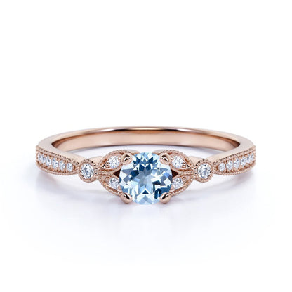 1.25 Ct - round Genuine Aquamarine Ring - March Birthstone - Vintage Engagement