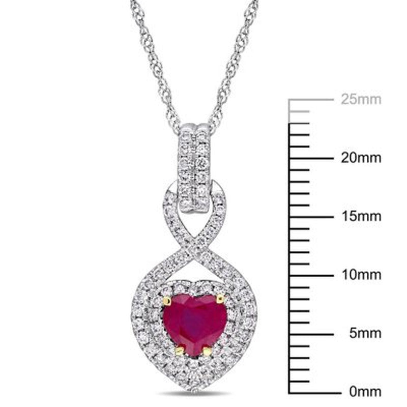 Ruby and 0.28 CT. Diamond Double Halo Infinity Heart Pendant in 14K White Gold