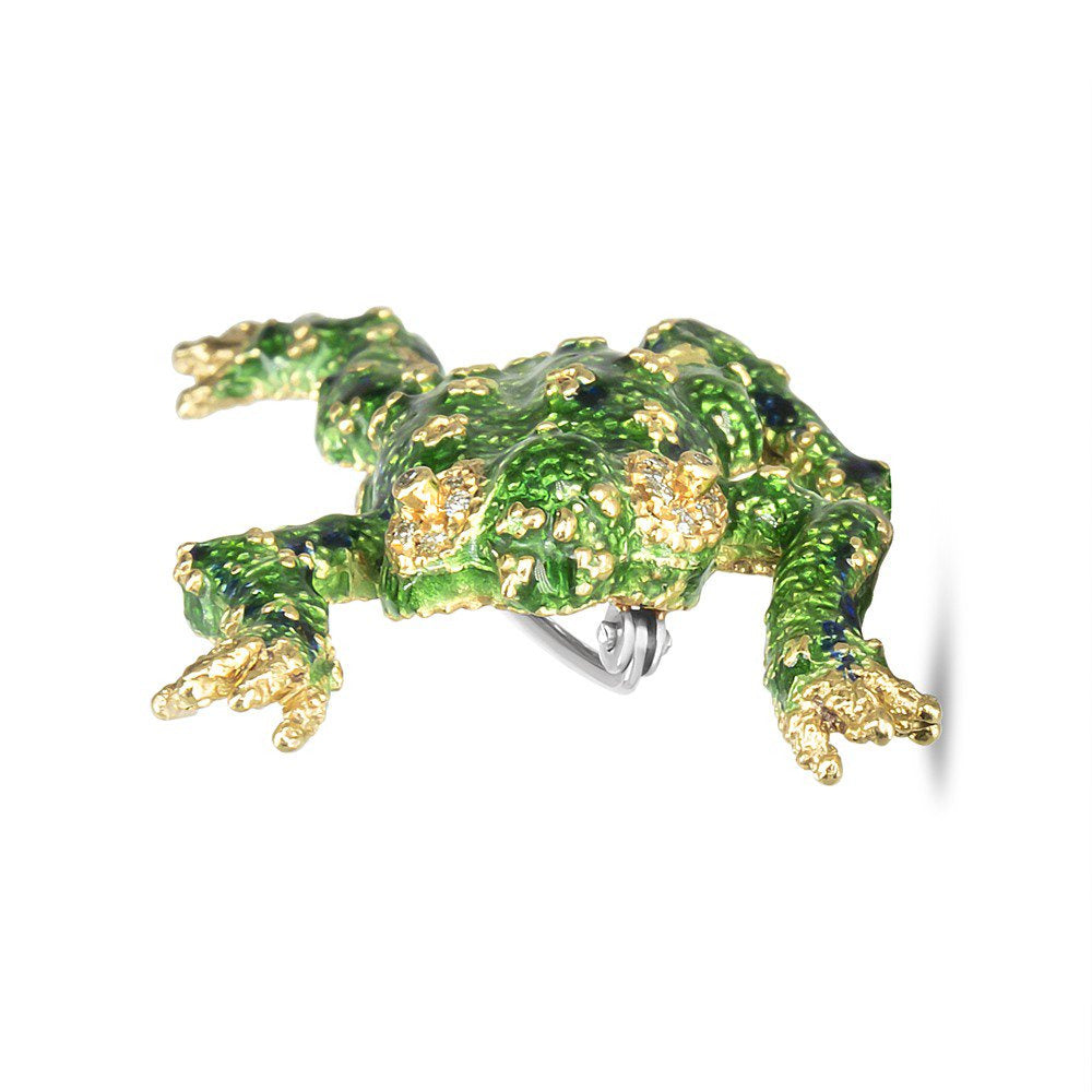 18K Yellow Gold 1/6 Cttw Diamond Green Frog Enamel Floral Brooch Pin (H-I Color,