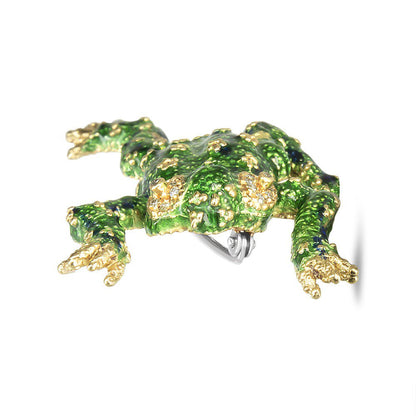 18K Yellow Gold 1/6 Cttw Diamond Green Frog Enamel Floral Brooch Pin (H-I Color,