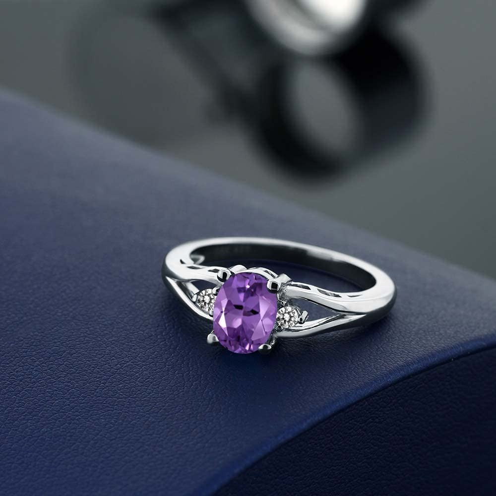 925 Sterling Silver Amethyst and White Diamond 3-Stone Women'S Ring (1.16 Cttw,