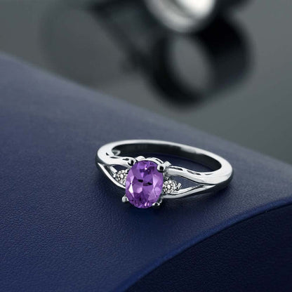 925 Sterling Silver Amethyst and White Diamond 3-Stone Women'S Ring (1.16 Cttw,