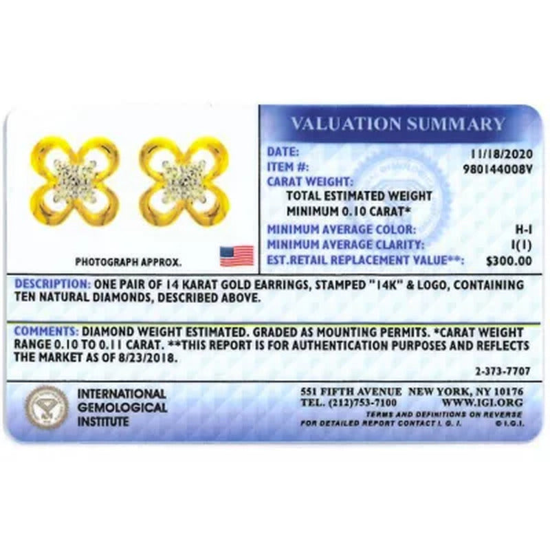 0.10 CT. T.W. 14K Yellow Gold Flower Clover Stud Earrings (I-I1)