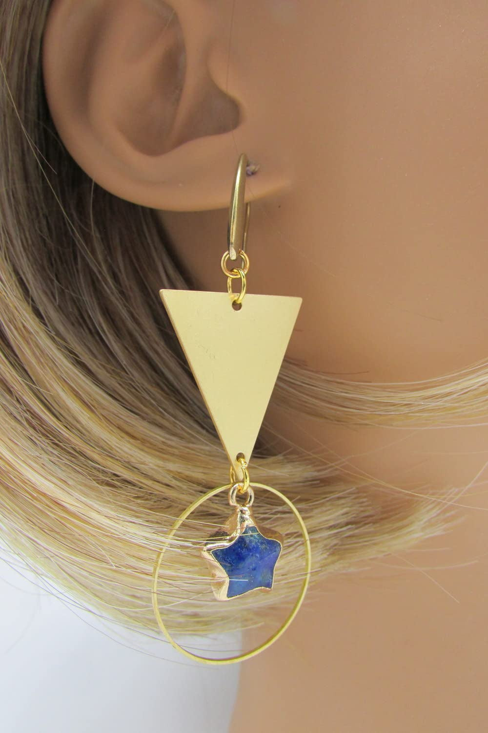 Lapis Lazuli Star Dangles with Brass Triangles & Hoop Links Raw Brass Earrings