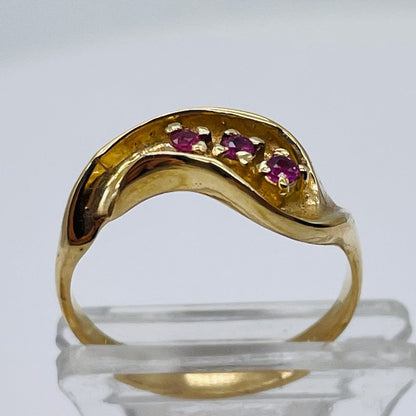 Three Stone Natural Red Ruby in Solid 14K Yellow Gold Ring | Size 6 |