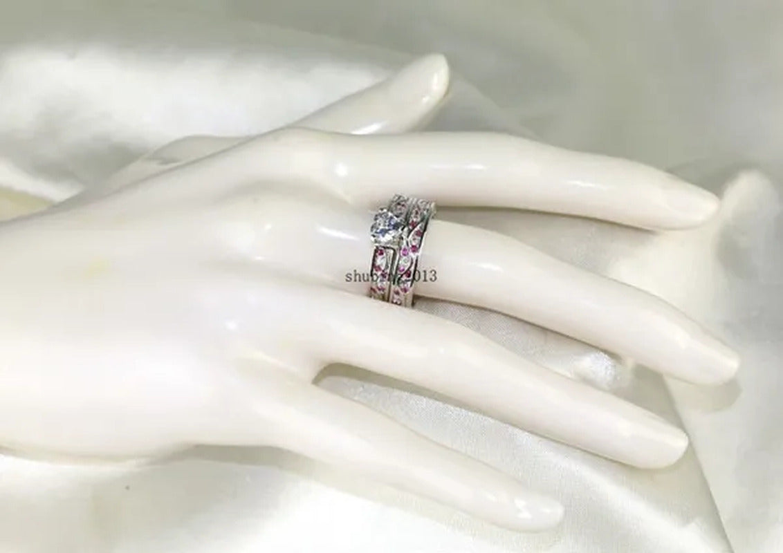 Cocktail Ring Heart CZ Ruby 10KT White Gold Filled Women'S Wedding Ring Sets Sz6