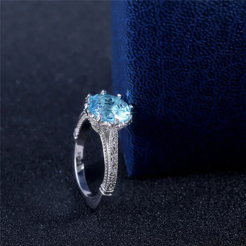 Fashion 2.0Ct round Cut Aquamarine Gemstone Ring Exquisite Silver Carver Flower