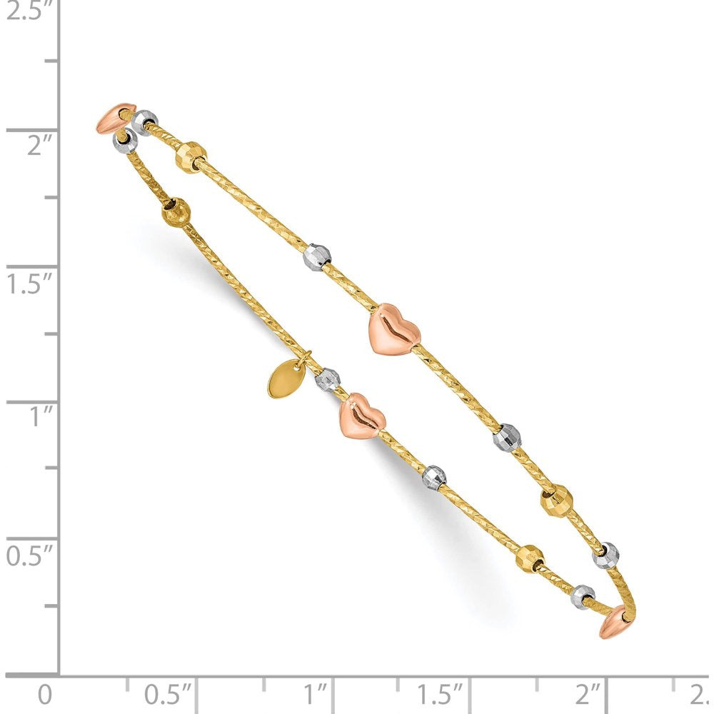 14K Tri-Color Heart Diamond-Cut Slip-On Bangle (8.25 X 1) Made in Indonesia Db67