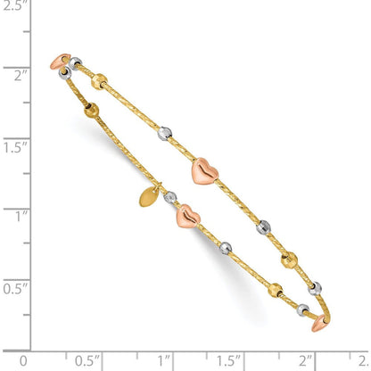 14K Tri-Color Heart Diamond-Cut Slip-On Bangle (8.25 X 1) Made in Indonesia Db67