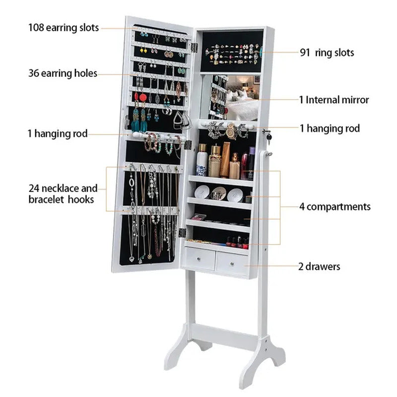 Mirrored Jewelry Cabinet Armoire with Mirror W/Resin Diamond Design Standing Sto
