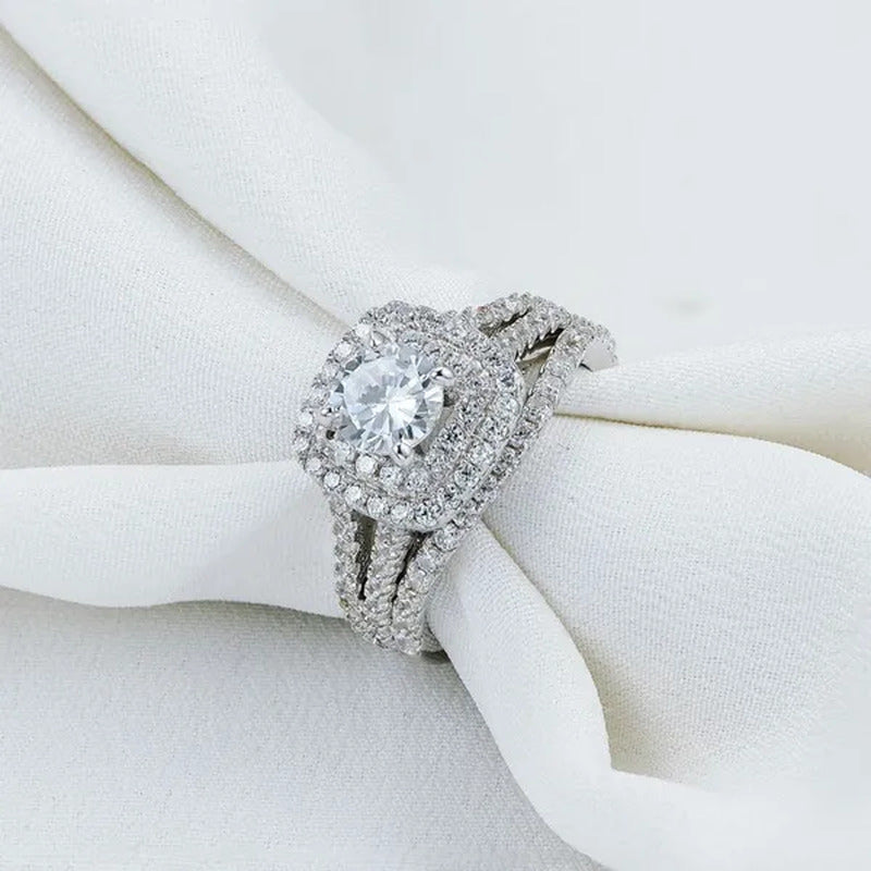 Newshe 2Pcs Wedding Ring Set Solid 925 Sterling Silver AAAAA CZ Simulate Diamond