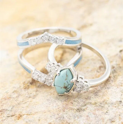 New Three-Piece Set of Oil Drop Diamond Turquoise Ring