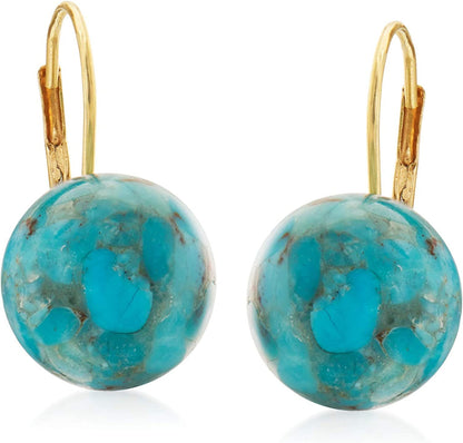 Button Turquoise Drop Earrings in 14Kt Yellow Gold