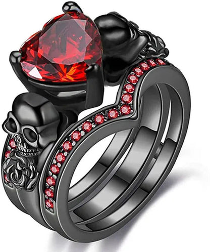 Gothic Skull Black s Set Women Rose Flower Red Purple Heart Love Zircon Crystal