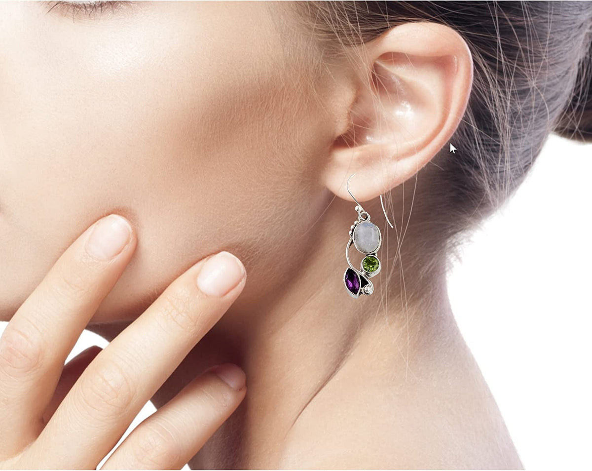 Peridot Amethyst Rainbow Moonstone .925 Sterling Silver Dangle Earrings, Natural