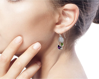 Peridot Amethyst Rainbow Moonstone .925 Sterling Silver Dangle Earrings, Natural