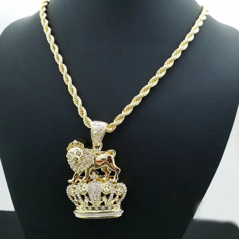 Full Iced Hip Hop Rapper'S Lion King Crown Fashion Pendant & 5Mm 30" Rope Chain
