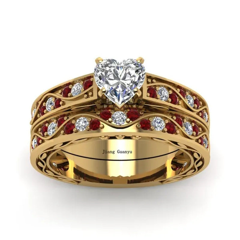 Sz 6-9 Cocktail Ring Champagne Gold Heart Zircon Ruby Women'S Wedding Ring Engag