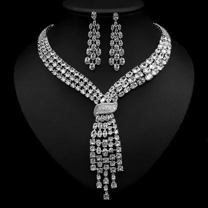 Fashion CZ Big Water Drop Green Color Women Bridal 2PCS Necklace