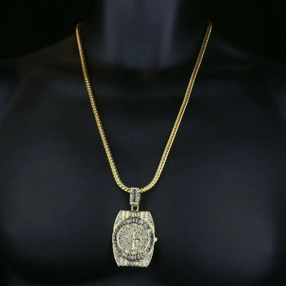 14K Gold PT Watch Fully Diamond Lad Cut Pendant Hip Hop Style 4Mm 24" Franco Cha