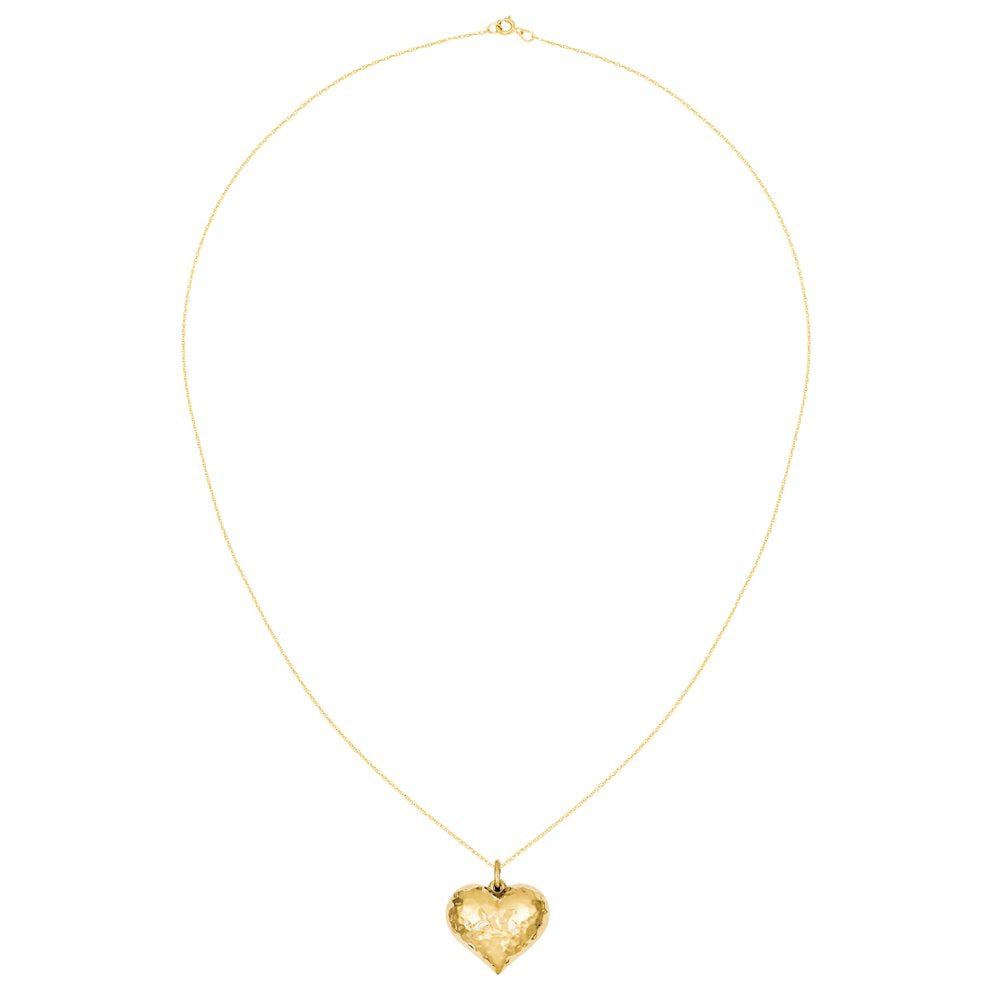 14 Karat Yellow Gold Polished and Hammered Puffed Heart Pendant with 18-Inch Cab