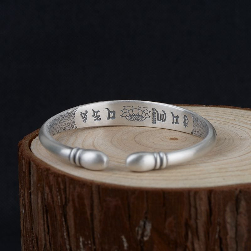 Tibetan Six Words Mantra Vintage Silver Bangles for Women Openable Fish Lotus Bu