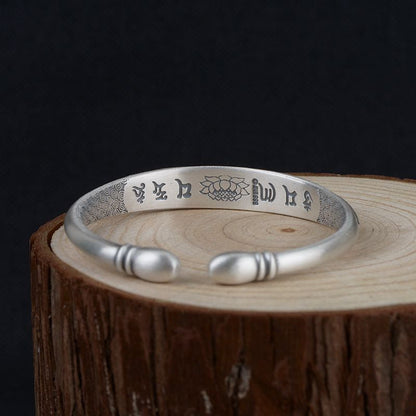 Tibetan Six Words Mantra Vintage Silver Bangles for Women Openable Fish Lotus Bu