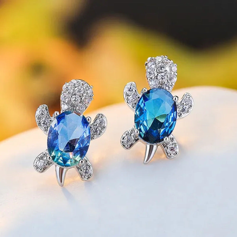 Ladies Cute Fashion Animal Turtle Silver Plated Sea Blue Sapphire Diamond Stud E